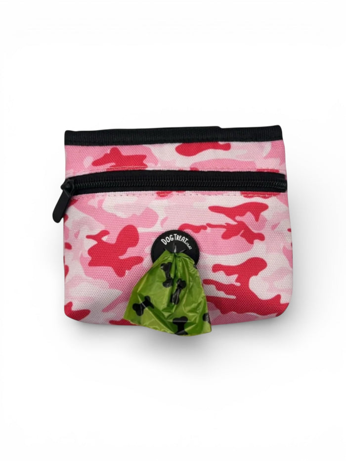 Camouflage treat training pouch by DogTreatNZ with adjustable belt and spacious interior for storing dog treats and training accessories.