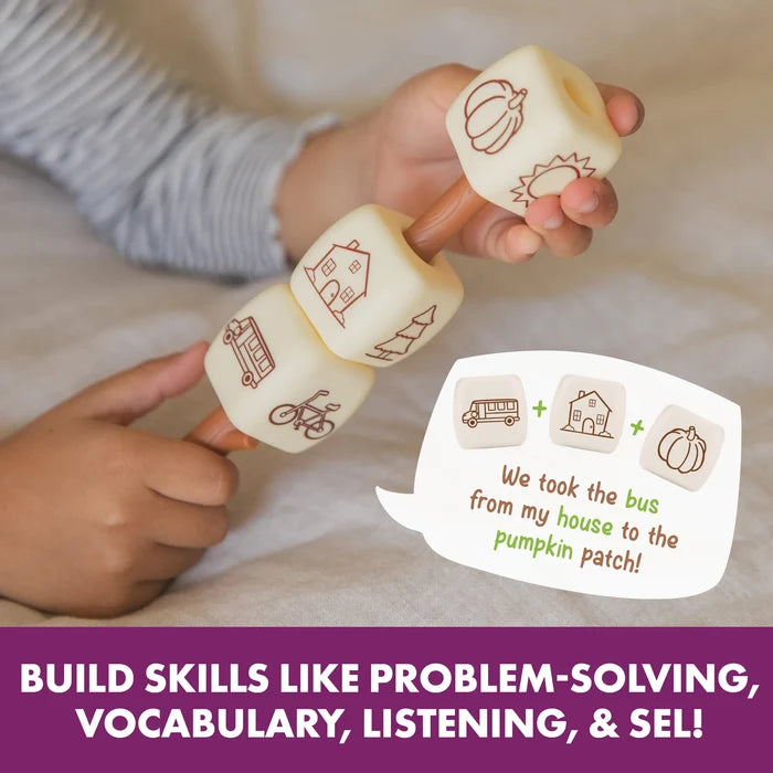 Child holding cream-colored toy blocks with icons on a rod, with a graphic showing how to form story sentences.
