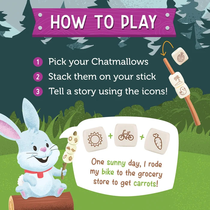 How-to-play guide showing a blue bunny stacking white marshmallows with icons on a stick for creative storytelling.