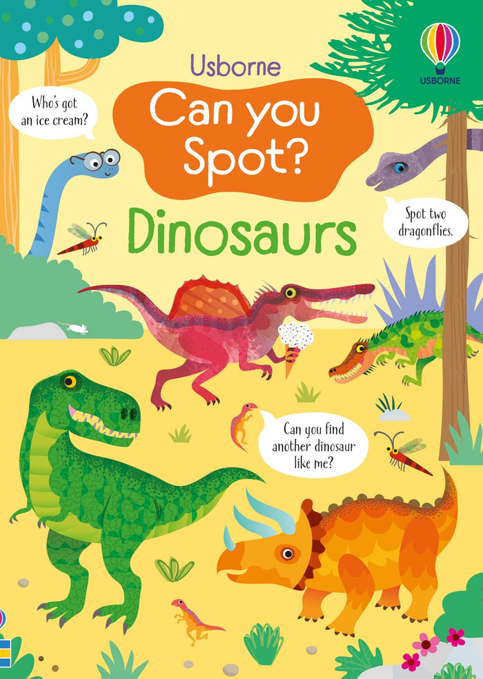 Colorful search-and-find book cover with vibrant cartoon dinosaurs and a pink dinosaur holding an ice cream cone.