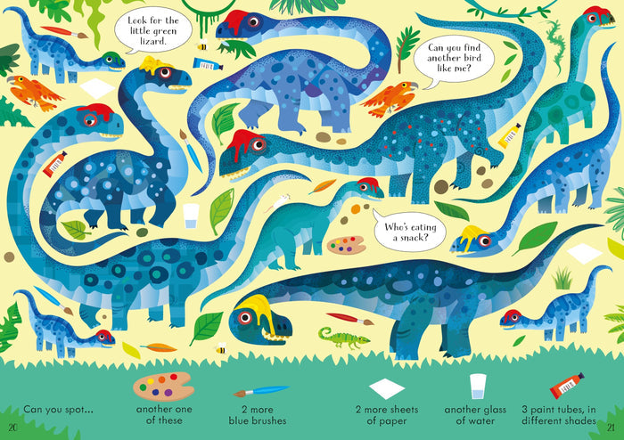 Vibrant blue cartoon dinosaurs in a seek-and-find scene with birds, paint brushes, and hidden object prompts.