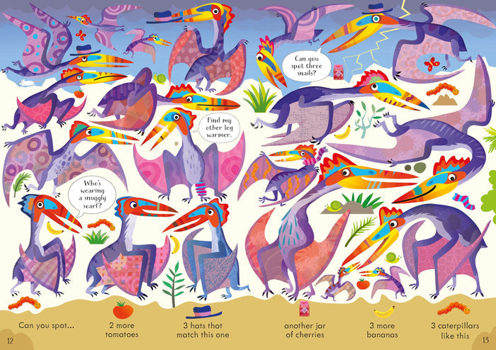 Illustrated children's book page featuring colorful pterodactyls and hidden object challenges to find small items.
