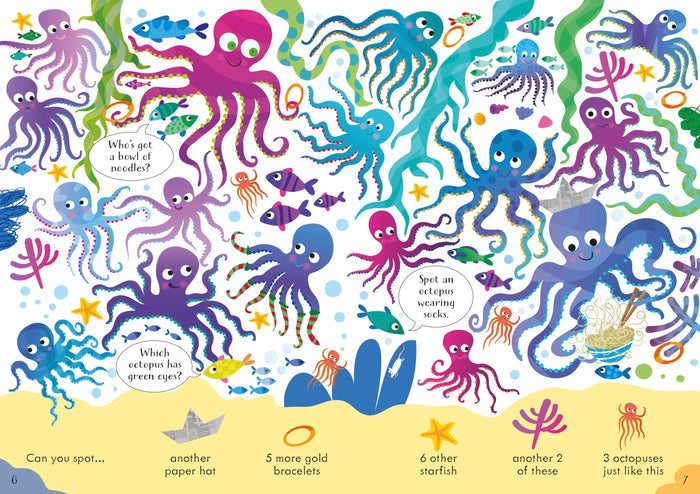 Vibrant underwater cartoon scene with colorful octopuses, fish, and seaweed for a children's seek-and-find activity.
