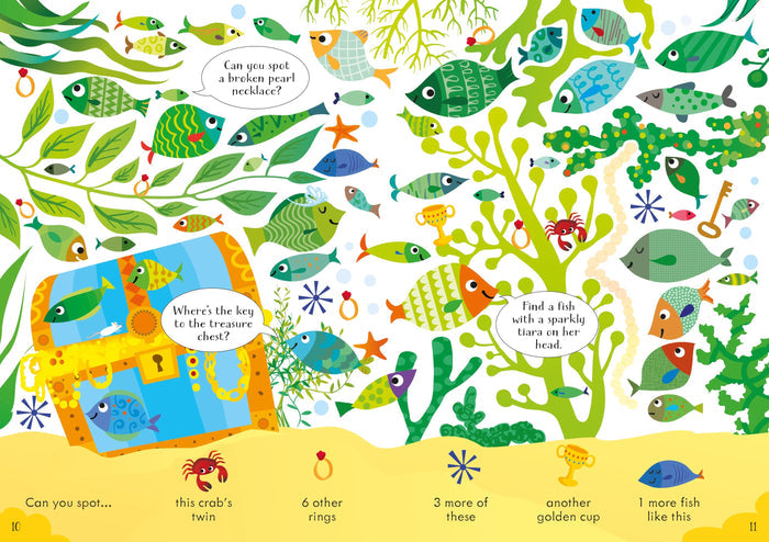 Colorful children's search-and-find illustration featuring a treasure chest and vibrant patterned fish underwater.