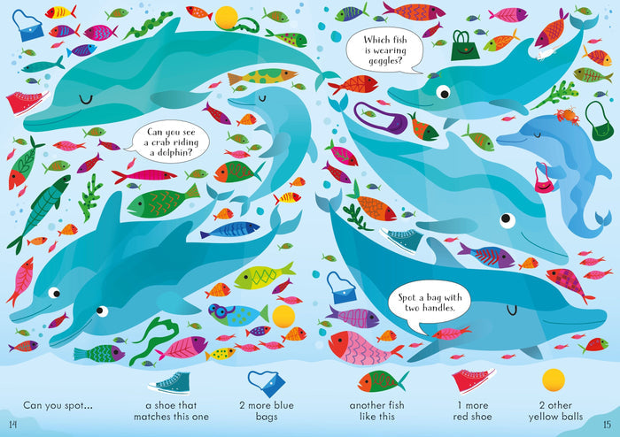 Vibrant underwater seek-and-find illustration with blue dolphins, colorful fish, and hidden objects to search for.