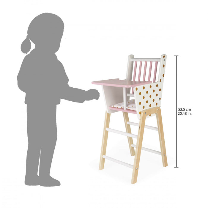 White and pink wooden doll high chair with gold polka dots, shown next to a child silhouette for scale.