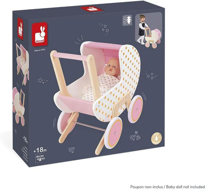 White and pink wooden toy pram with gold polka dot canopy and pink wheels, in a dark gray retail box.