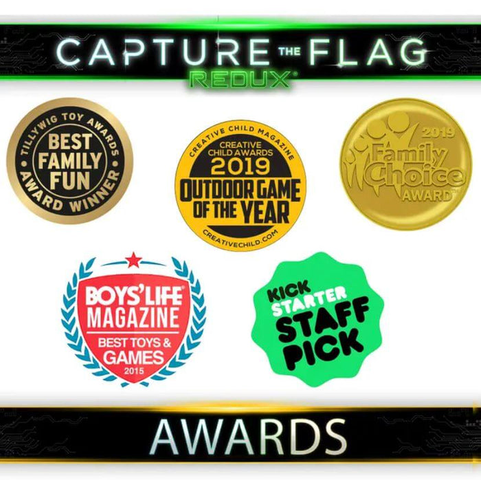 Five colorful award seals and a green Kickstarter badge displayed below a glowing logo and above the word AWARDS.
