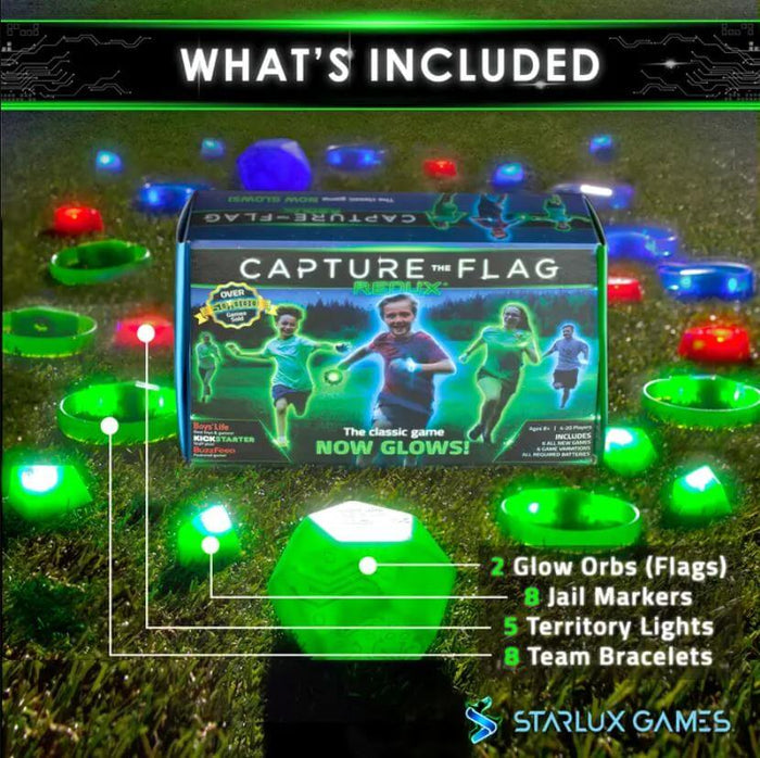 Product box on grass at night surrounded by glowing green orbs, circular jail markers, and LED territory lights.