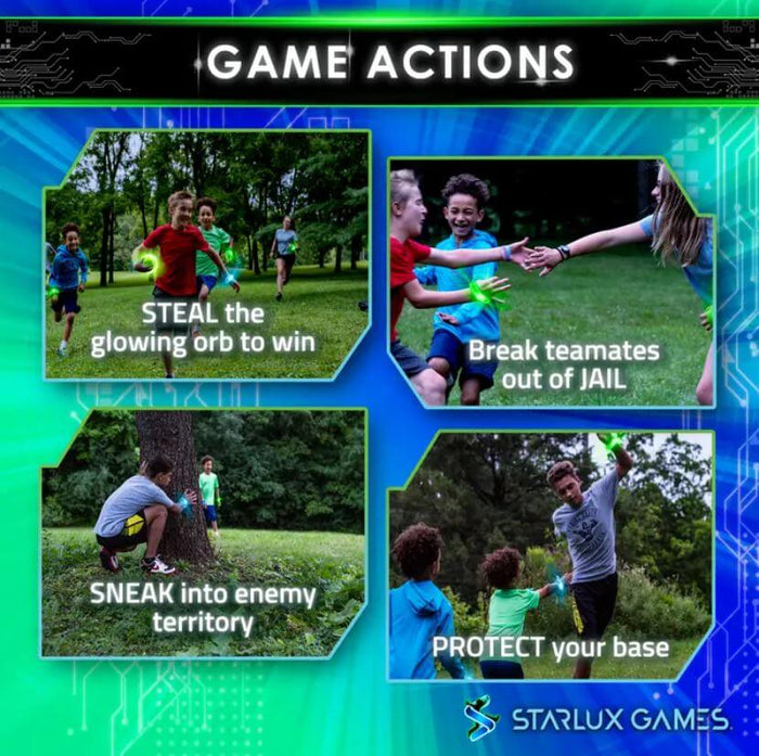 Four photos show kids playing a game outdoors with glowing green and blue LED wristbands and a light-up orb.