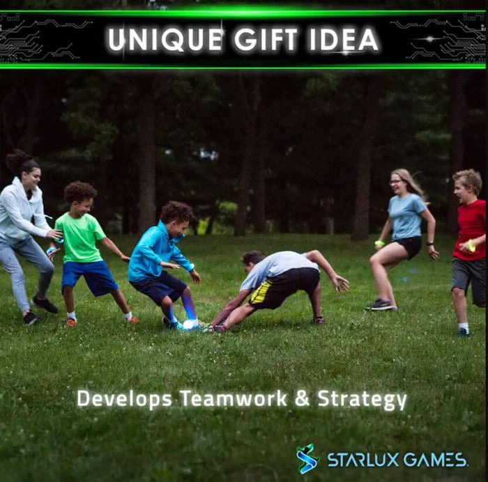 Children playing in a field with glowing green wristbands and a blue light-up orb. Text: Unique Gift Idea.