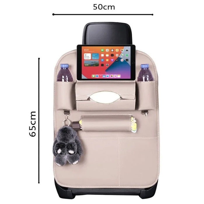 White multi-pocket backseat car storage organizer with multiple compartments for easy rear seat organization.