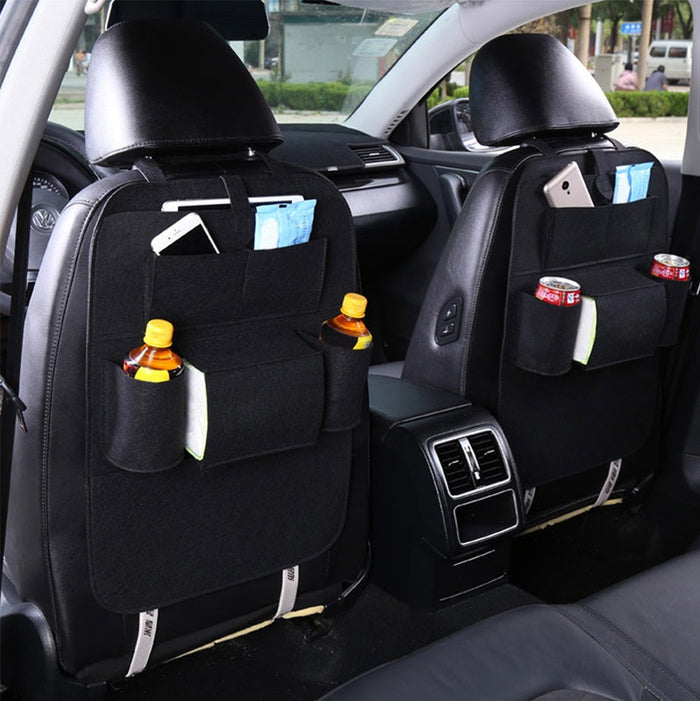 Black PVC leather car back seat storage bag with multiple pockets and iPad mini holder, designed for organization and convenience.