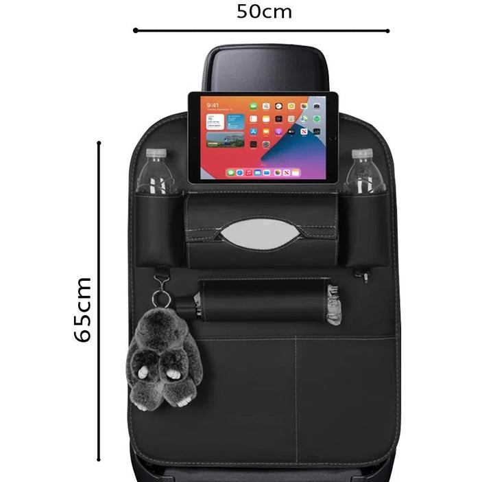 Black PVC leather car back seat storage bag with multiple pockets and iPad Mini holder, designed for organized backseat storage.