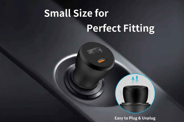 Techplus car charger with Type-C and USB ports, fast charging mobile adapter connected to vehicle dashboard.