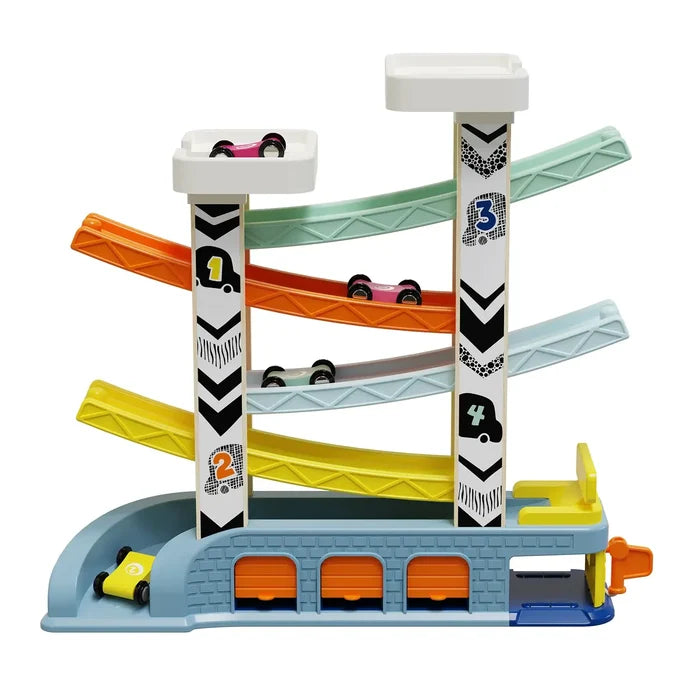 Colorful 4-tier toy car ramp with numbered pillars, small cars, and three orange garage doors at the base.