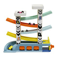 Colorful 4-tier toy car ramp with numbered pillars, small cars, and three orange garage doors at the base.