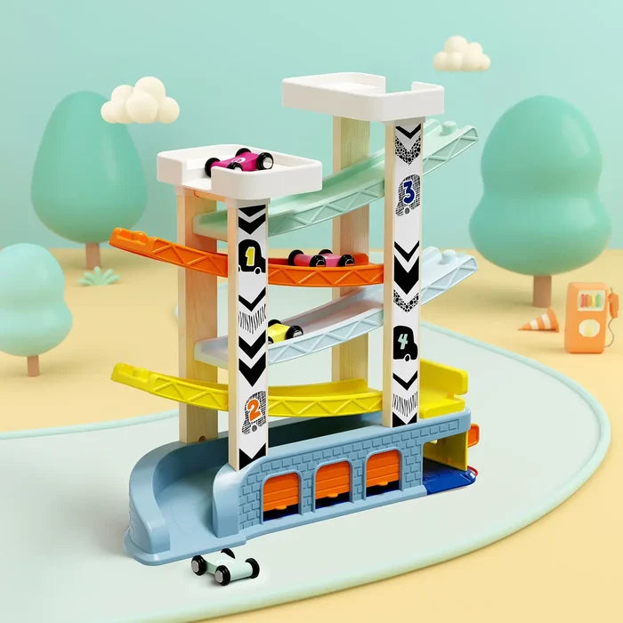Multi-level wooden car ramp with pastel tracks, numbered pillars, and toy cars on a blue garage base.