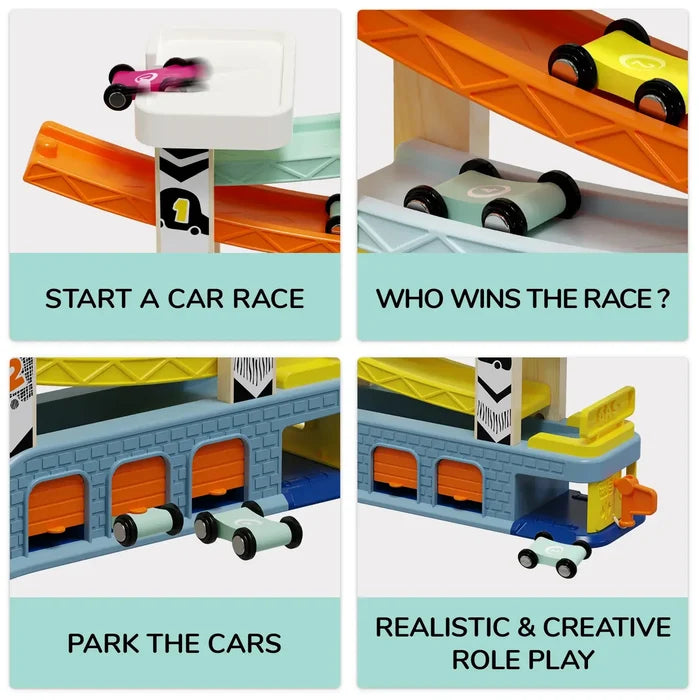 Colorful wooden car ramp toy with multi-colored tracks, a three-door garage, and a gas station for imaginative play.
