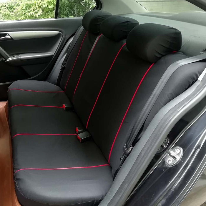 Full set of Dealonlinenz car seat covers for 5-seater vehicles, including front, rear, cushion, and floor mats in polyester fabric.
