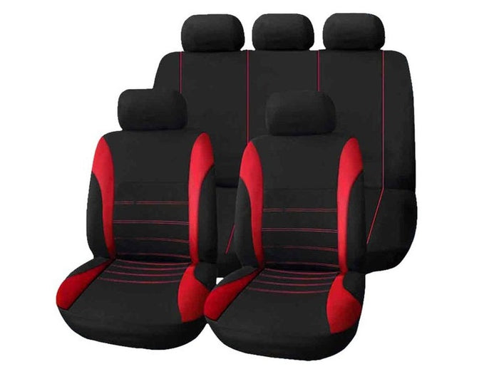 Full set of DealOnlineNZ polyester car seat covers for 5-seater vehicles, including front, rear, cushion, and mat protection.