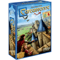 Blue board game box for Carcassonne featuring people on a medieval stone castle wall overlooking a green countryside.