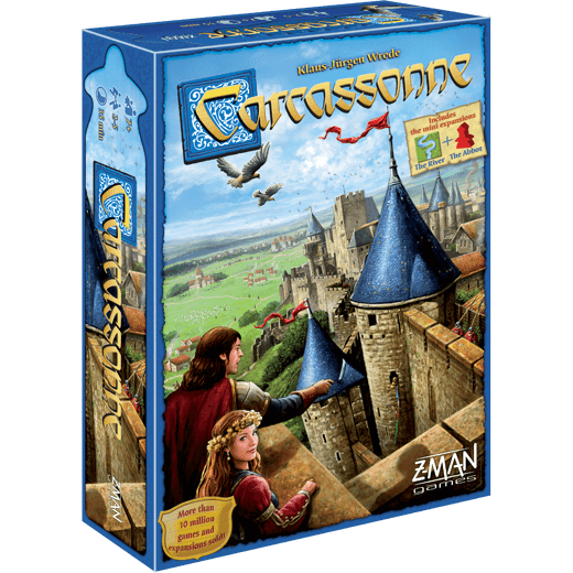 Blue board game box for Carcassonne featuring people on a medieval stone castle wall overlooking a green countryside.
