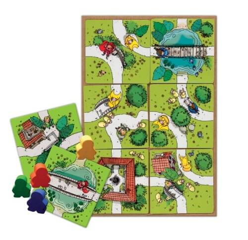 Square illustrated game tiles with paths and characters, plus green, orange, yellow, and blue wooden meeples.