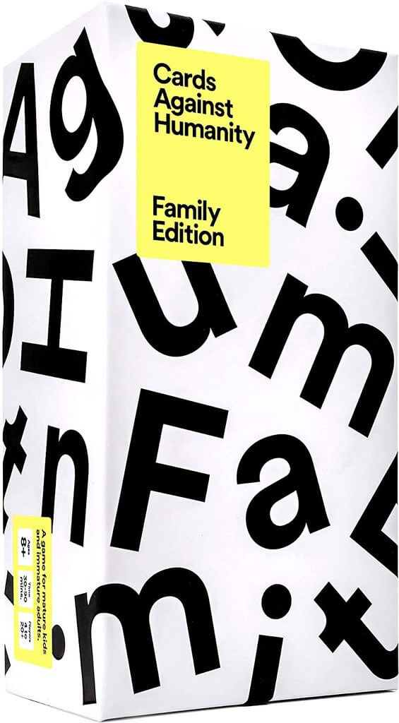 White box with large, bold black letters and a yellow label reading Cards Against Humanity Family Edition.