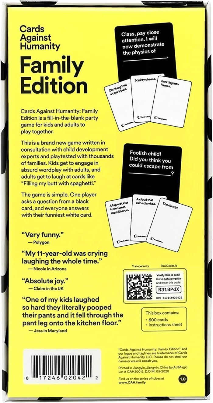 Bright yellow back of a game box showing black and white sample cards, game descriptions, reviews, and a barcode.