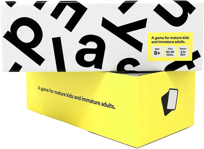 Yellow and white box with bold black letters and the text: A game for mature kids and immature adults.