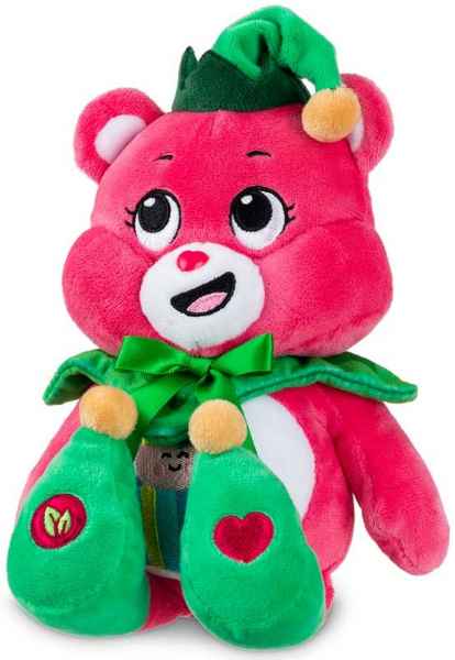 Pink plush bear wearing a green elf hat, scalloped collar, and elf shoes with yellow pom-poms and a bow.