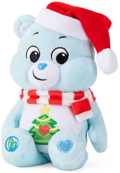 Light blue plush Care Bear wearing a red Santa hat, striped scarf, and an embroidered Christmas tree on its belly.