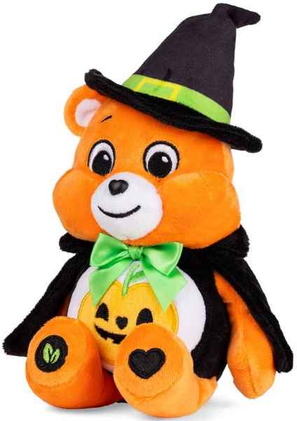 Orange plush bear in a black witch hat and cape with a green bow and a jack-o'-lantern design on its white belly.