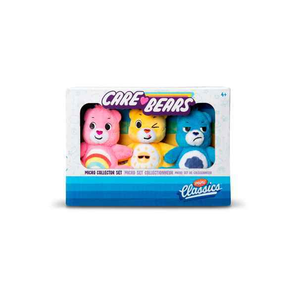 Pink, yellow, and blue mini Care Bear plushies in a windowed box with rainbow, sun, and rain cloud belly symbols.