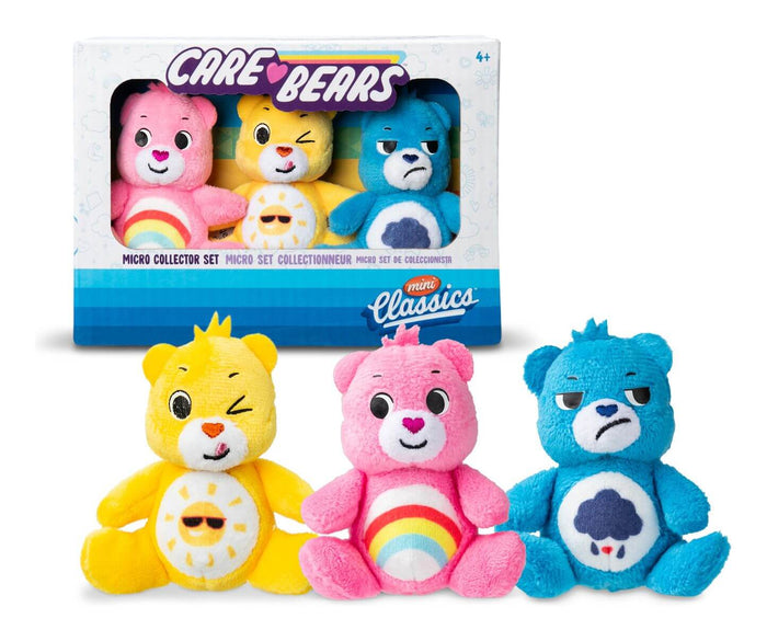 Pink, yellow, and blue Care Bears micro plush toys with rainbow, sun, and rain cloud symbols in and out of their box.