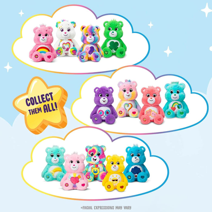 Collection of colorful Care Bear plushies in clouds, including the pink Love-a-lot Bear with two hearts on its belly.