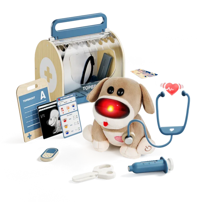 Tan plush dog with glowing red nose, blue stethoscope, medical tools, and wooden carrying case.