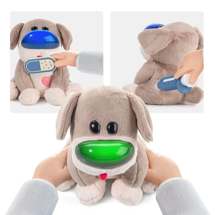 Plush brown dog with a color-changing light-up nose, toy bandage, and syringe for interactive veterinary play.