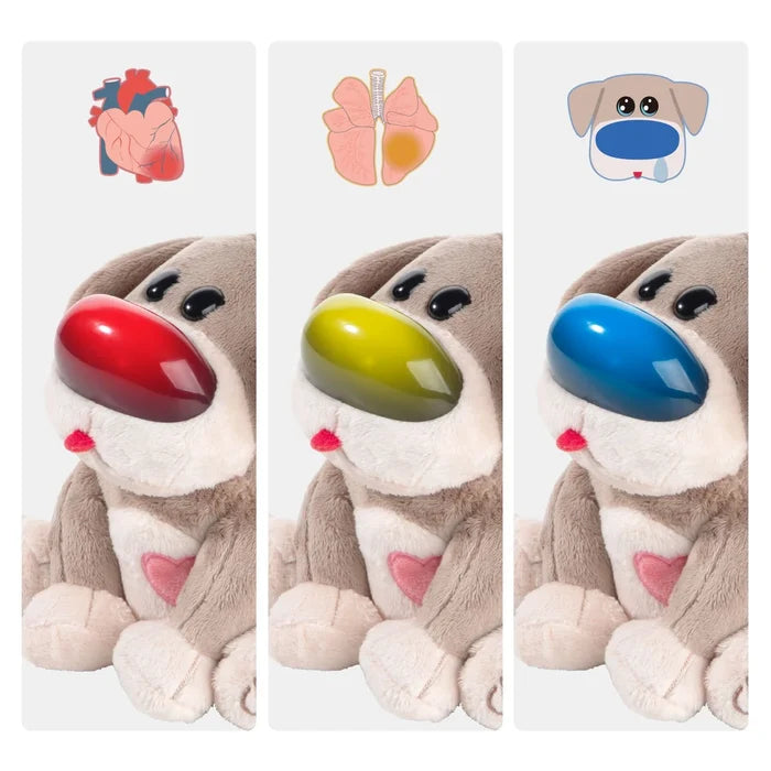 Tan and white plush dog toy with red, yellow, and blue light-up noses paired with heart, lung, and sad face icons.