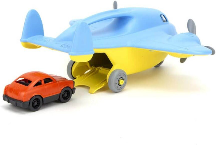 Blue and yellow toy cargo plane with an open rear loading ramp and a small orange car on a white background.