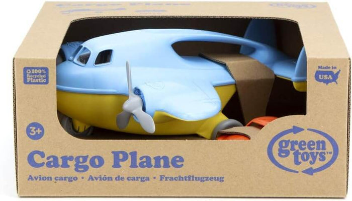 Blue and yellow toy cargo plane with a grey propeller inside its brown cardboard window box packaging.