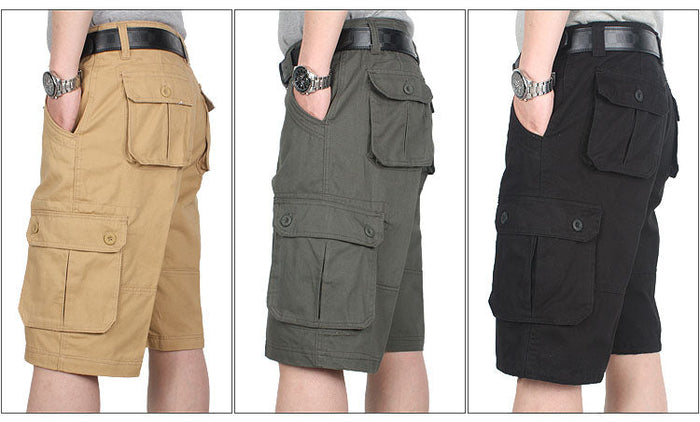 DealOnline.nz cargo half shorts for outdoor activities, featuring multiple pockets and a solid color design for hiking and camping.