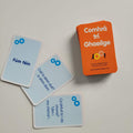 Orange deck and light blue Irish conversation cards with sample phrases and gear icons on a white background.
