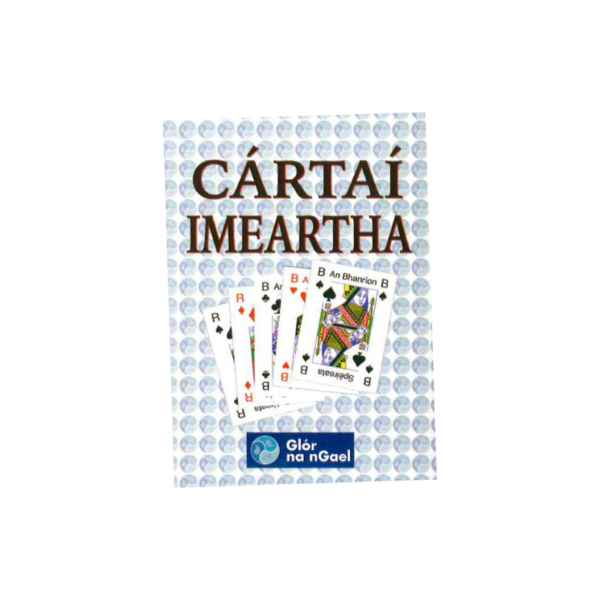 Irish playing card box featuring fanned cards and a Queen of Spades on a light blue patterned background.