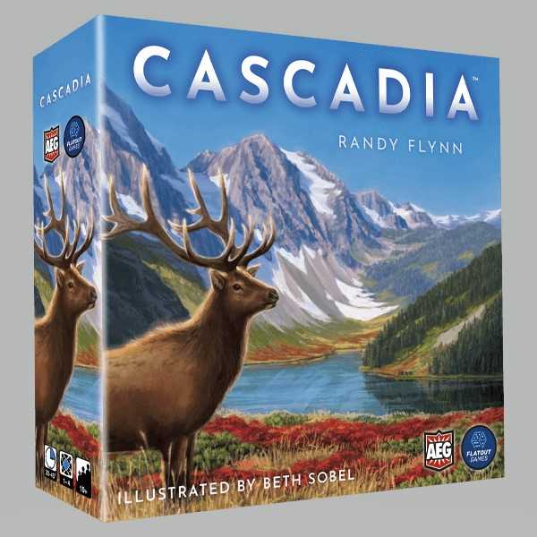 Square blue game box featuring an elk in a mountain landscape with snowy peaks, a blue lake, and evergreen trees.