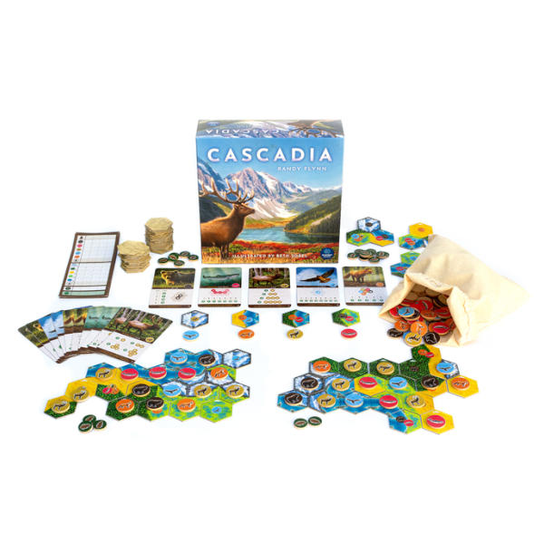 Cascadia board game box with elk art, hexagonal landscape tiles, colorful animal tokens, cards, and a cloth bag.