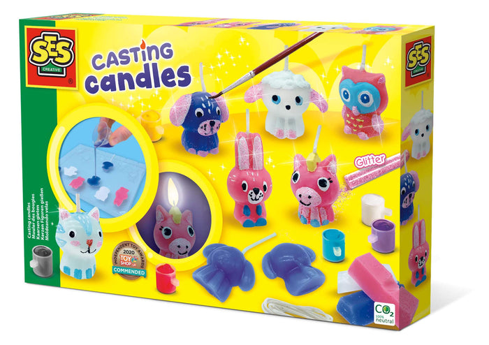 SES Creative candle kit box featuring colorful animal-shaped candles, wax molds, glitter, and painting accessories.