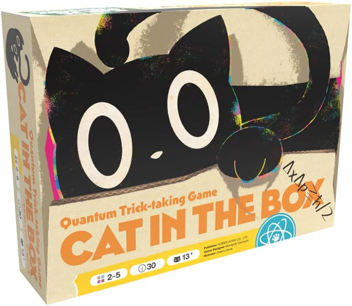 Tan board game box featuring a stylized black cat with large white eyes and colorful, glitch-style digital outlines.
