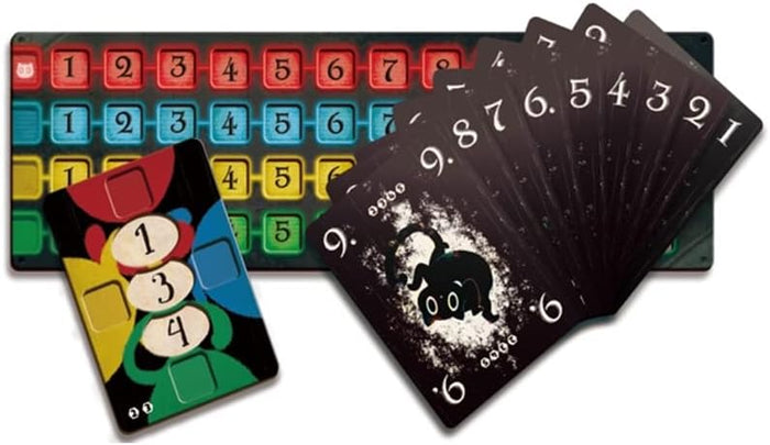 Grid board with colored numbers 1-9 and a fan of black cards with white numbers and cat artwork.